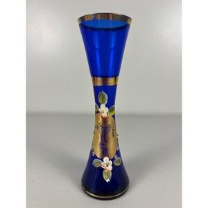 Vintage Cobalt Blue Bohemian Czech Hand Painted Bud Vase  Gold‎ Trimmed  Decor